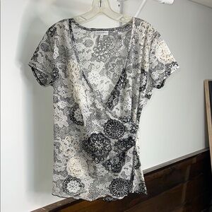 Fashion Bug Black and White Sheer Faux Wrap Blouse- L